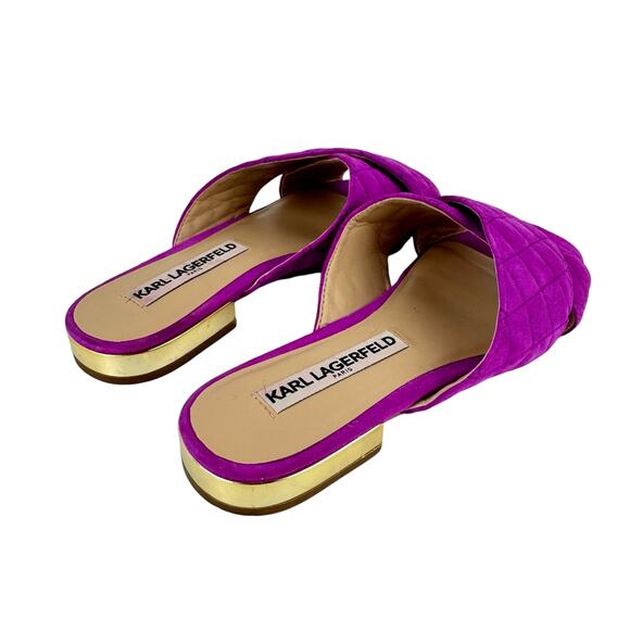 Karl Lagerfeld Rae Magenta Purple Suede Leather Quilted Open Toe Slide Sandals - Picture 5 of 11